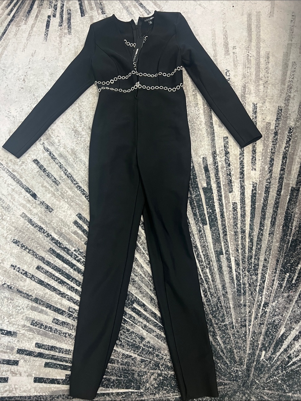 Fashion Nova Black Long-Sleeve Chain-Accent Jumpsuit